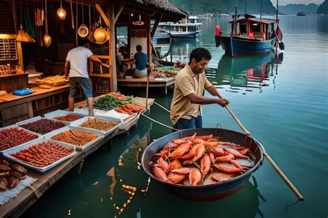 Um homem está vendendo peixe em um barco Foto Premium