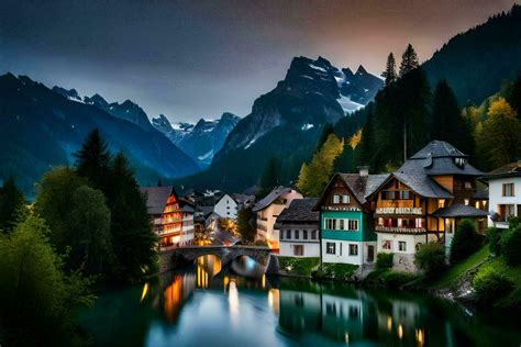 Photo Wallpaper The Sky Mountains Water Trees Houses Mountains