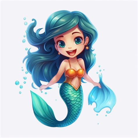 Premium Photo Cartoon Mermaid With Blue Hair And A Gold Bikini