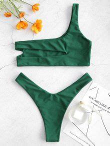 OFF ZAFUL One Shoulder Cut Out Bralette Bikini Set In MEDIUM SEA GREEN ZAFUL