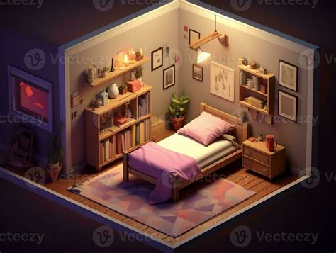 Low Poly Isometric Aesthetic Bedroom Small D Room With Rgb Lighting