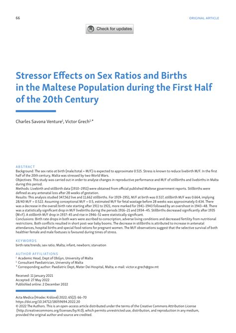 PDF Stressor Effects On Sex Ratios And Births In The Maltese Population During The First Half