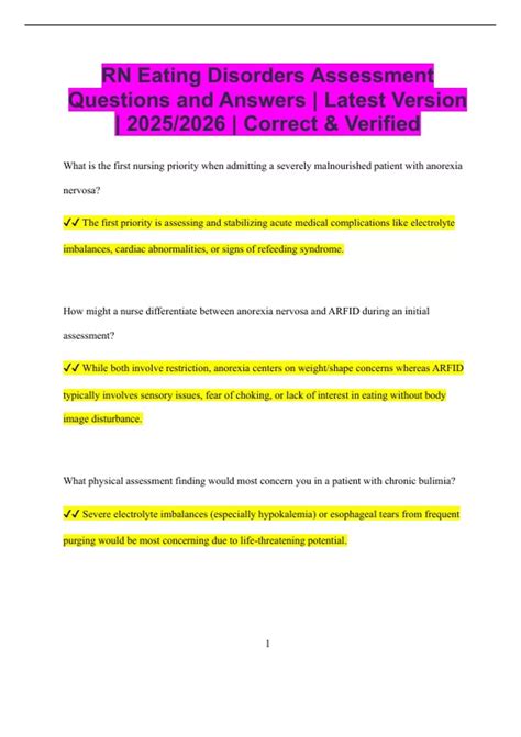 RN Eating Disorders Assessment Questions and Answers | Latest Version