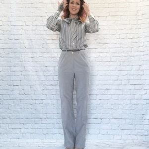 Vintage S Striped Pastel Pussy Bow Collar Blouse Top S M Green Blue Gray Etsy