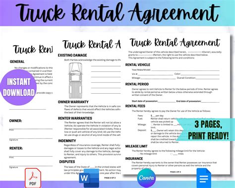 Truck Rental Agreement Car Rental Agreement Contract for Truck Lease