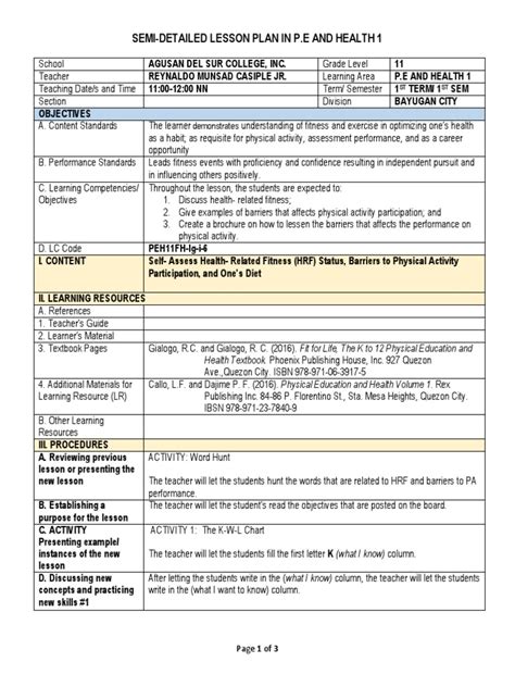 Lesson Plan in Physical Education and Health | Lesson Plan | Physical