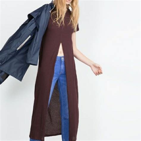 Zara Tshirt High Split Front Midi Dress Cap Sleeves Gem