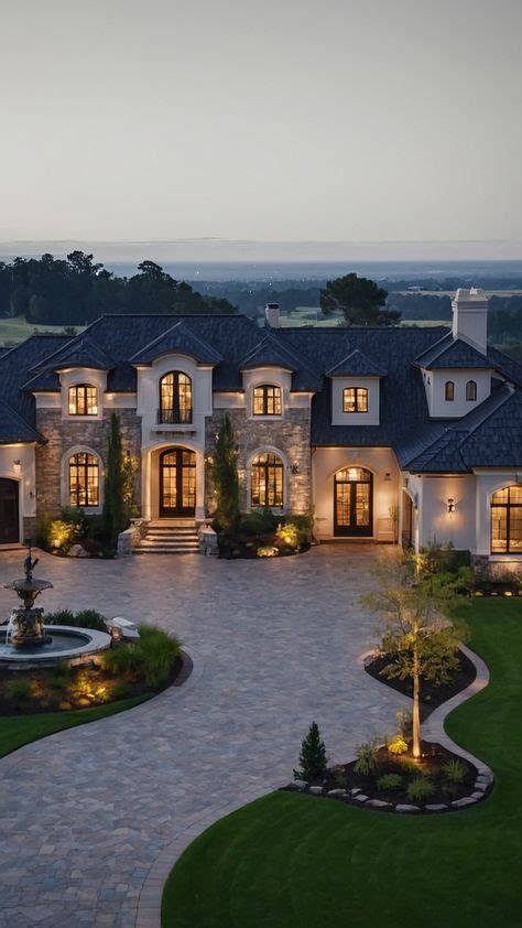 elegant mansion   circular driveway  lush landscaping peek