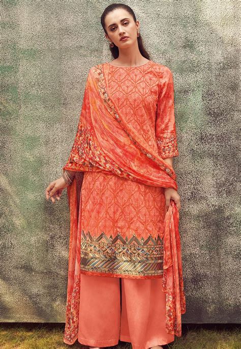 Peach Cotton Satin Embroidered Daman Work And Digital Printed Palazzo