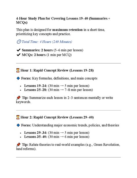 Eco608 final - these are far better and concise - 4-Hour Study Plan for