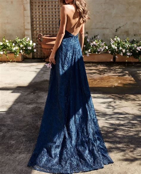 Halter Navy Blue Lace Long Prom Dress With Split Evening Formal Dress