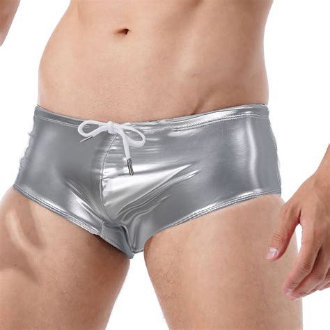 Iiniim Men Wetlook Leather Bikini Briefs Sexy Low Rise Drawstring Boxer Shorts Clubwear