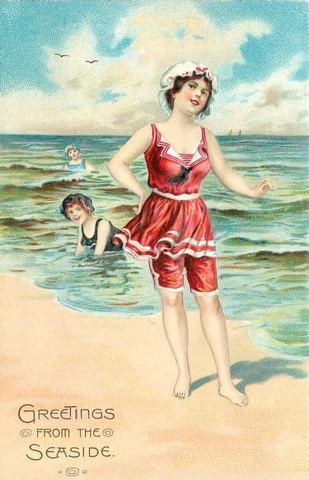 Woman On Beach In Red Suit And White Hat Two In Sea Behind Postal