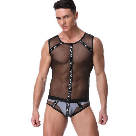 Sexy See Through Mesh Splice Faux Leather Line Gay Teddy Bodysuit Sissy Bar Costume Jockstrap