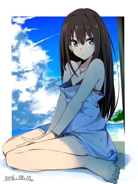 Safebooru 1girl 2016 Bare Arms Bare Shoulders Barefoot Between Legs