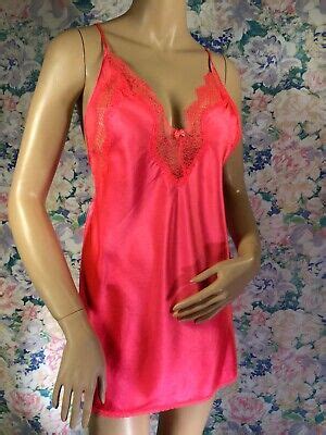 Victoria Secret Satin Chemise Babydoll Neon Hot Pink Eyelash Lace Medium Ebay