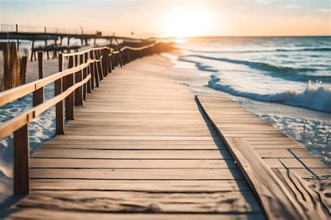 Premium AI Image A Boardwalk Leads To The Ocean With A Wooden Bridge