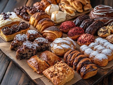 Assorted Baked Goods Arranged On A Rustic Wooden Table Premium Ai