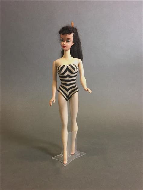 Lot Brunette Ponytail Barbie In Black White Stripe Swimsuit