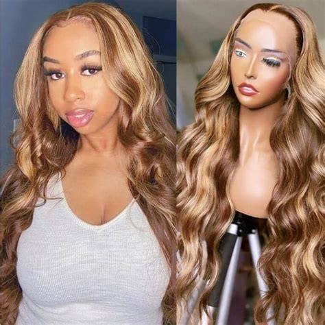 Julia Affordable Honey Blonde Highlight Body Wave Human Hair Wigs X X T Part Middle Part