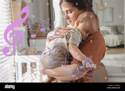 Mother Singing Lullaby To Her Sleepy Baby In Children Room Music Notes
