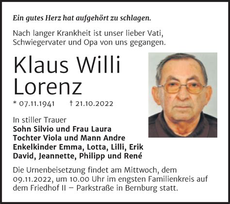 Traueranzeigen Von Klaus Willi Lorenz Abschied Nehmen De