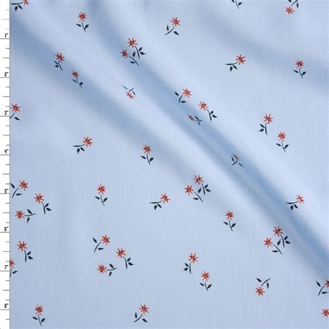 Cali Fabrics Dainty Rust And Black Tossed Flowers On Powder Blue Rayon Challis Fabric By The Yard