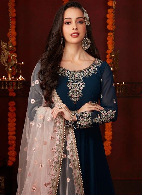 Dark Blue And Light Pink Georgette Anarkali Lashkaraa Designer