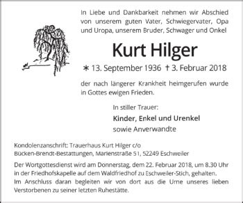 Traueranzeigen Von Kurt Hilger Aachen Gedenkt