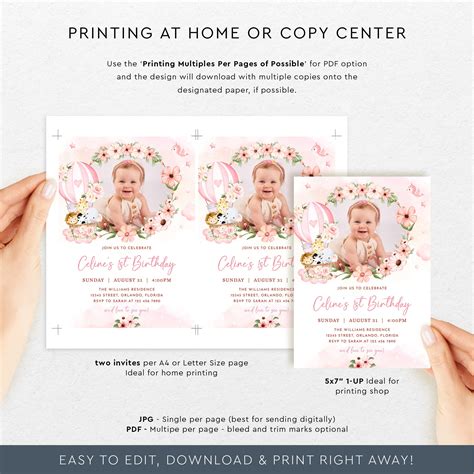 Editable Hot Air Balloon Birthday Invitation Template Pink Flowers