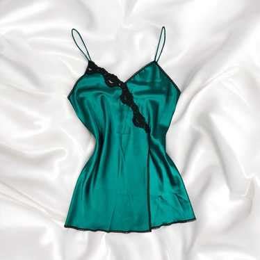Emerald Green Satin Lace Mini Lingerie Slip Dress 90s Gem