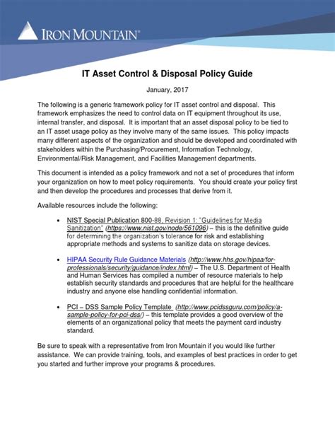 It Asset Control And Disposal Policy Guide Hipaa Security Rule Guidance Materials Pdf