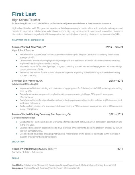 High School Teacher Resume Examples 2024 Stace Elizabet