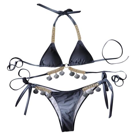 Women S Sexy Bikini Crystal Side Bottom Triangle Bikini Halter