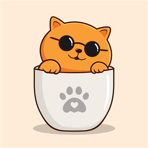 Orange Cat In Cup Waving Paws Cartoon Orange Pussy Cat Cool Glasses Vector Vector Art