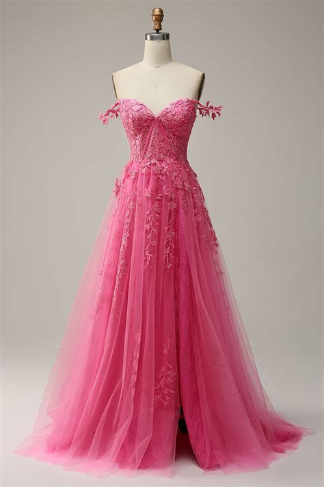 A Line Off The Shoulder Hot Pink Long Prom Dress With Appliques Hot