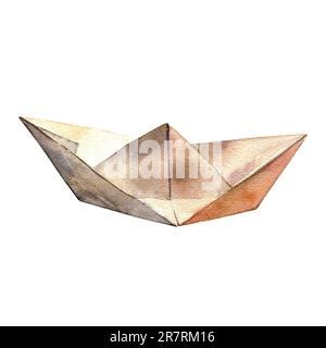 Realistic paper origami boat isolated on white background. Watercolor ...