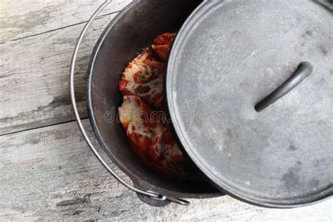 Cast Iron Dutch Oven Lid Open Stuffed Shells Lunch Stock Photo Image