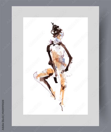 Abstract Silhouette Of Naked Woman Posing Sitting On Invisible Chair On Wall Art Watercolor
