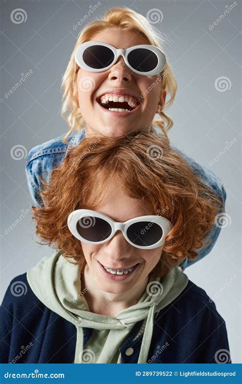 Excited Blonde Teen Girl In Trendy Stock Photo Image Of Unity Sunglasses