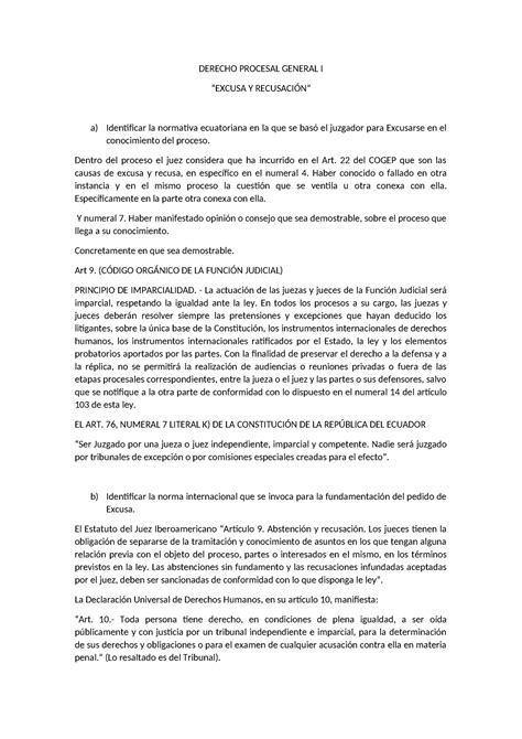 Derecho Procesal General I Excusa Y Recusacion Derecho Procesal