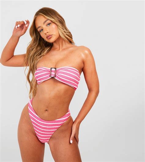 Buy Boohoo Stripe Crinkle Buckle Bandeau Bikini Set In Pink Thstreet Saudi Arabia