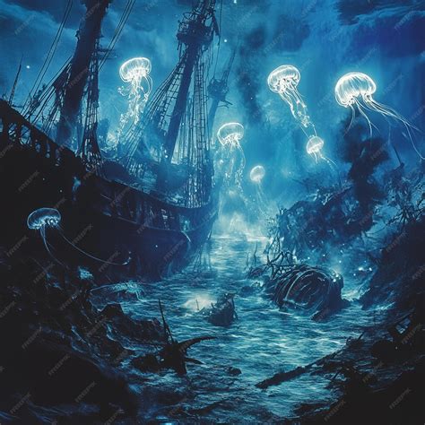 Ghostly Sea Creatures in an Ancient Shipwreck Surrounded by