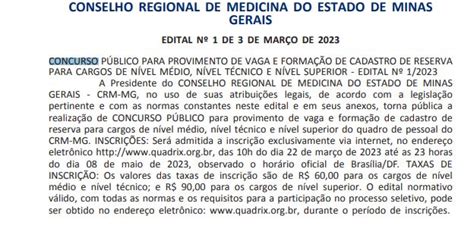 Concurso CRM MG extrato de edital publicado confira Direção Concursos