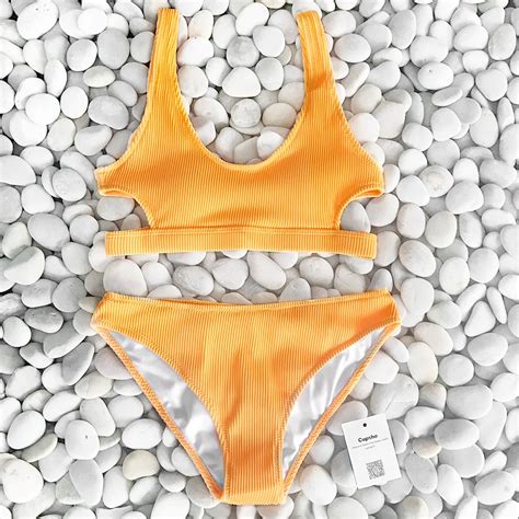 Yellow Feather Yarn Solid Bikini Set Plain Hollow Out Padded Two Pieces