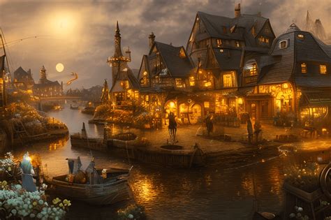 Stunning Magical Night Steampunk Fishing Village · Creative Fabrica