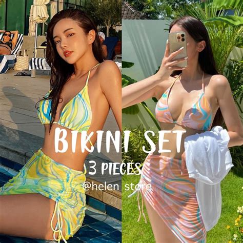 พรอมสงset bikini 3 ชน ชดวายนำ bikini ลายรงพาสเทล สวยนารก Lazada co th