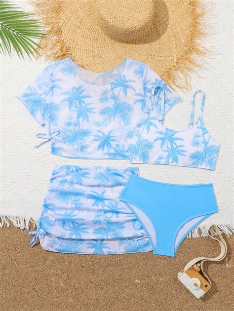 Tween Girl Tropical Printed Ruched Bikini Set With Drawstring Set Short Sleeve Bathing Suit