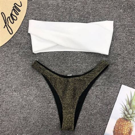 Floylyn Sexy Cross Bandeau Top Bikini Set Women Glitter Sparkling Bottom Swimwear Beachwear