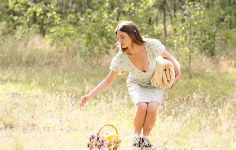 Wallpaper Cleavage Field Nature Model Brunette Countryside Gorgeous Photoshoot For Mobile